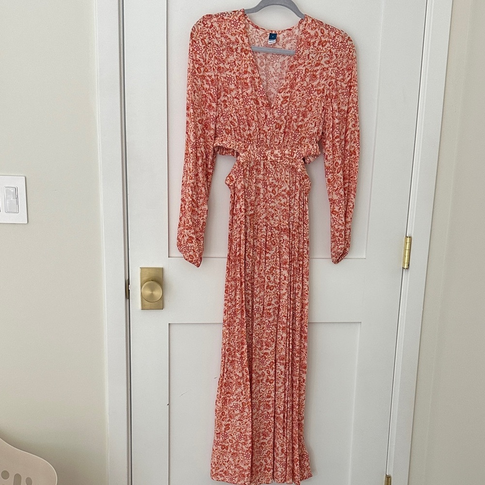 Old Navy Red/Orange Floral Long Sleeve Dress with Side Cutouts